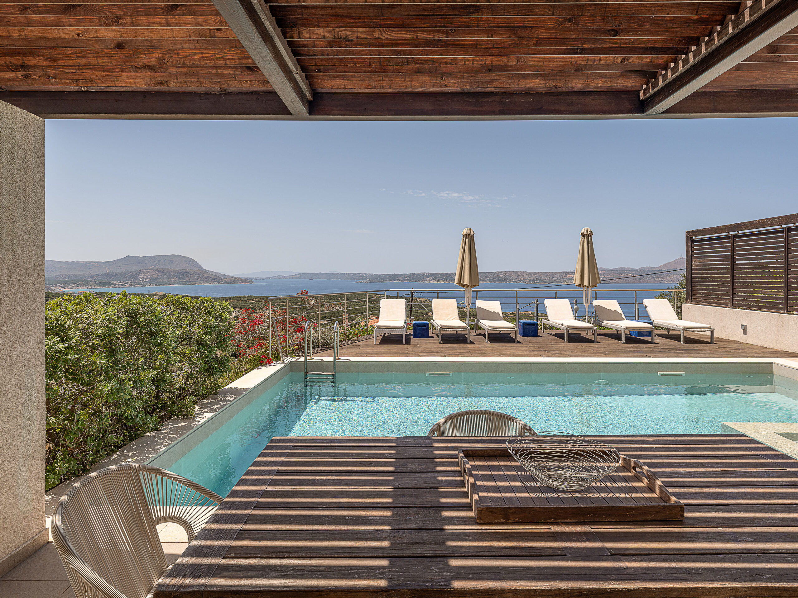 Pool view under the covered pergola of Adeste Seaview Villa I Chania