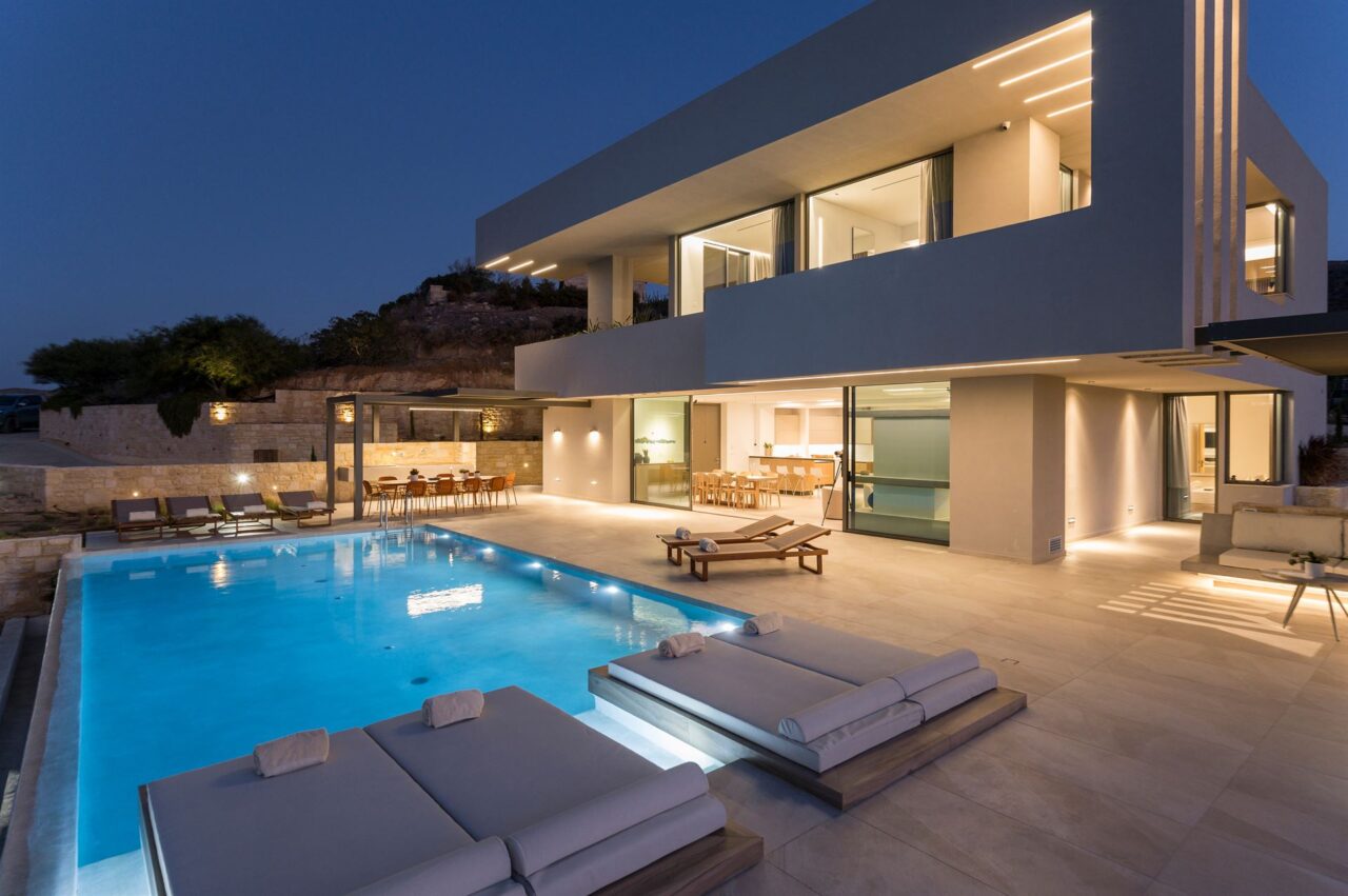 Night view of the exterior space of Villa Majestic at Kissamos, Chania